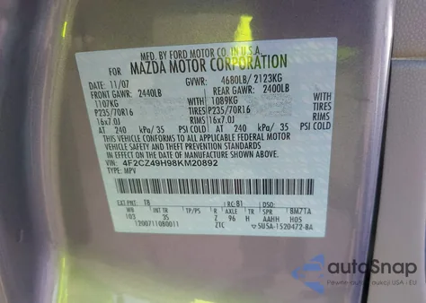 2008 Mazda Tribute Hybrid Touring z USA, uszkodzony, nr VIN 4F2CZ49H98KM20892